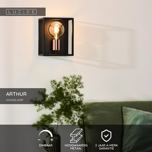 Lucide ARTHUR - Wandlamp - 1xE27 - Zwart - USP